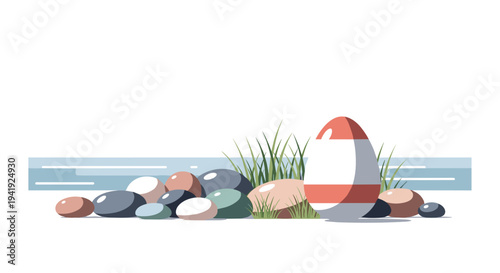Colorful easter eggs in grass on white background: pastel and festive spring design