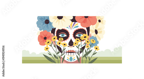 Colorful floral sugar skull with day of the dead aesthetic