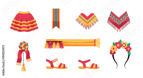 Colorful traditional mexican clothing elements on white background