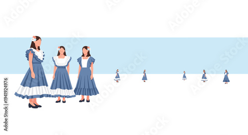 Traditional blue dresses: women in regional attire on minimalist backdrop