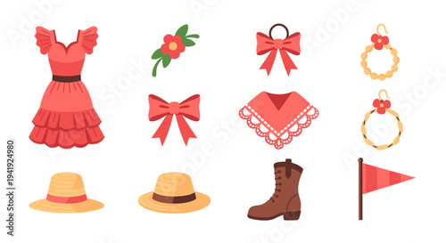 Flat style red dress and accessories set with hats and boots