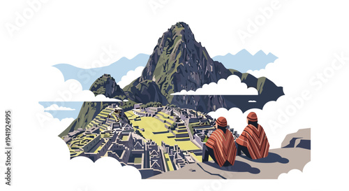 Illustration of machu picchu with two figures in traditional ponchos and mountain landscapes