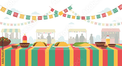 Colorful market festival with traditional mexican food and decorations