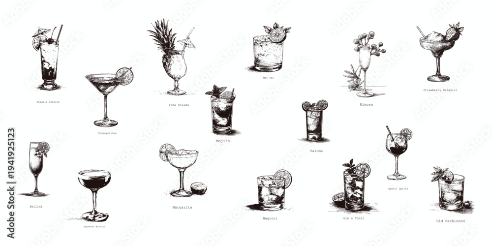 Fototapeta premium Cocktail doodle set, hand drawn vintage cocktail vector illustrations