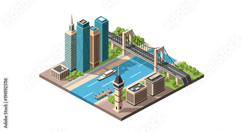 Isometric cityscape with modern skyscrapers and river bridge