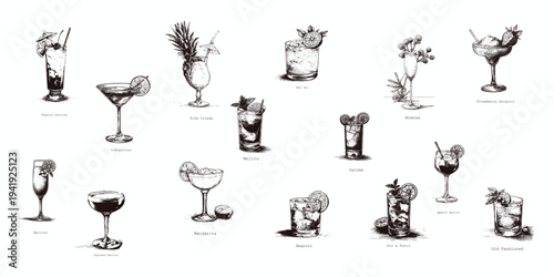 Cocktail doodle set, hand drawn vintage cocktail vector illustrations