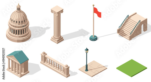 Isometric set of architectural elements including dome, column, flag, and steps