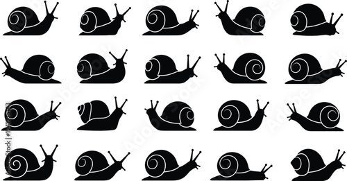 Black snail silhouette vector set, garden gastropod icons, mollusk nature collection for organic design