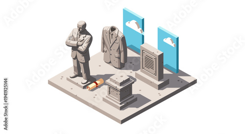 Monumental isometric design with historical and architectural elements