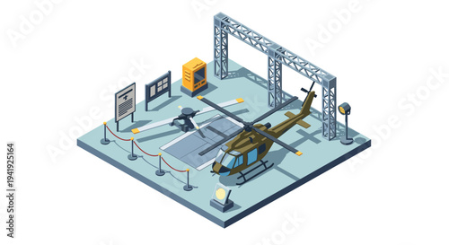 Isometric helicopter display scene with aircraft hangar elements and equipment