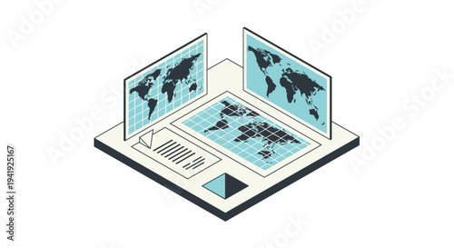 Isometric global analysis with three interactive world maps on digital screens