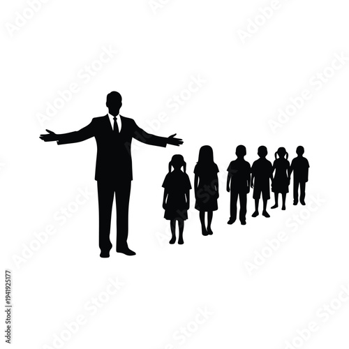 Businessman leading a group of children in a line