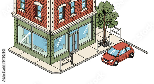 Isometric urban street scene with brick building and car