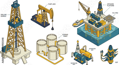 Offshore oil platform and onshore drilling equipment set, petroleum extraction industrial isometric vector icons