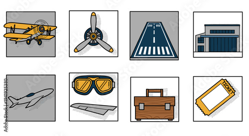 Vintage aviation icons set with airplane, propeller, and airport elements in linear style