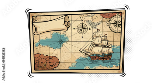 Vintage nautical map with sailing ship and compass rose in retro style