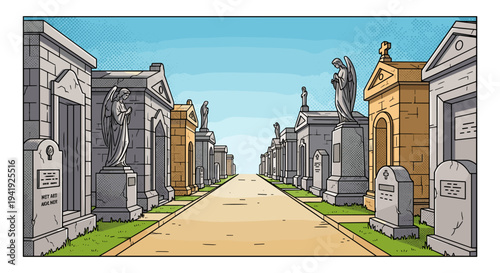 Scenic comic style cemetery path with historical tombs and monuments