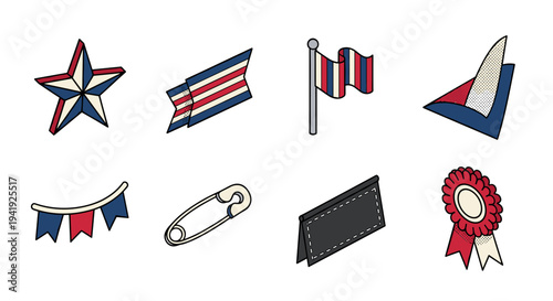 Patriotic icons in retro style with stars, stripes, and awards