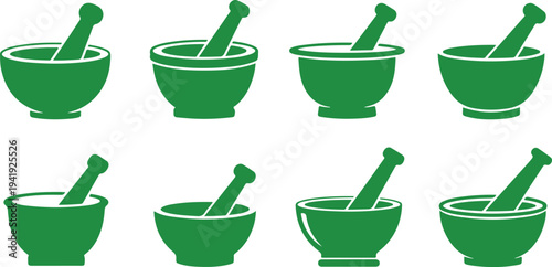 Set of green mortar and pestle icons arranged in grid pattern isolated on transparent background