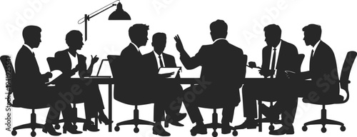 Business team meeting discussion office conference collaboration corporate teamwork people sitting boardroom communication strategy silhouette flat vector illustration design