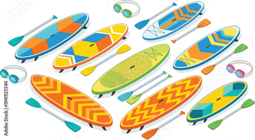 Colorful stand up paddleboard vector set, isometric SUP boards and paddles, summer water sports