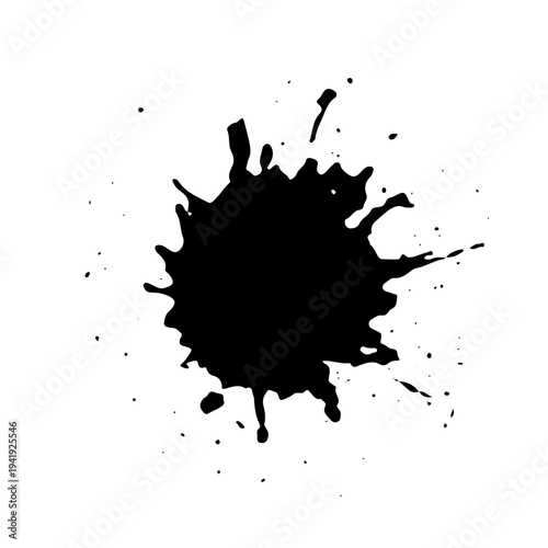 Black ink splatter with scattered drops and spray effect resembling aerosol paint. Grunge style vector illustration of liquid splash isolated on white background.