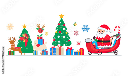 Santa Claus in sleigh with candy cane, decorated Christmas trees with star and bow, reindeer and colorful gift boxes, holiday winter celebration vector illustration