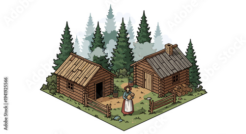 Isometric rural homestead with log cabins and pine trees in a rustic woodland setting