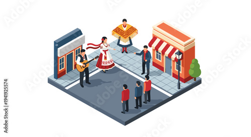 Traditional folk dance performance in a vibrant town square isometric design