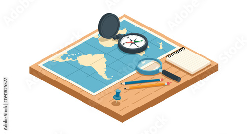 Isometric map with compass and tools for travel planning and exploration