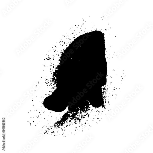 Black ink splatter with scattered drops and spray effect resembling aerosol paint. Grunge style vector illustration of liquid splash isolated on white background.