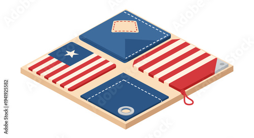 Isometric usa patchwork items: flag, wallet, and notepad in patriotic colors