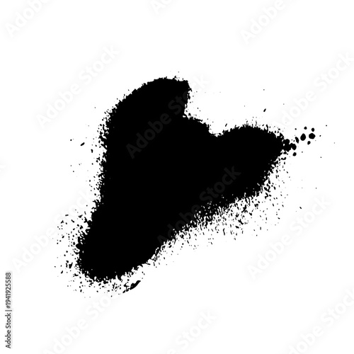 Black ink splatter with scattered drops and spray effect resembling aerosol paint. Grunge style vector illustration of liquid splash isolated on white background.