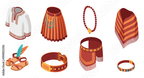 Traditional clothing and accessories in isometric style featuring ethnic patterns and vibrant colors