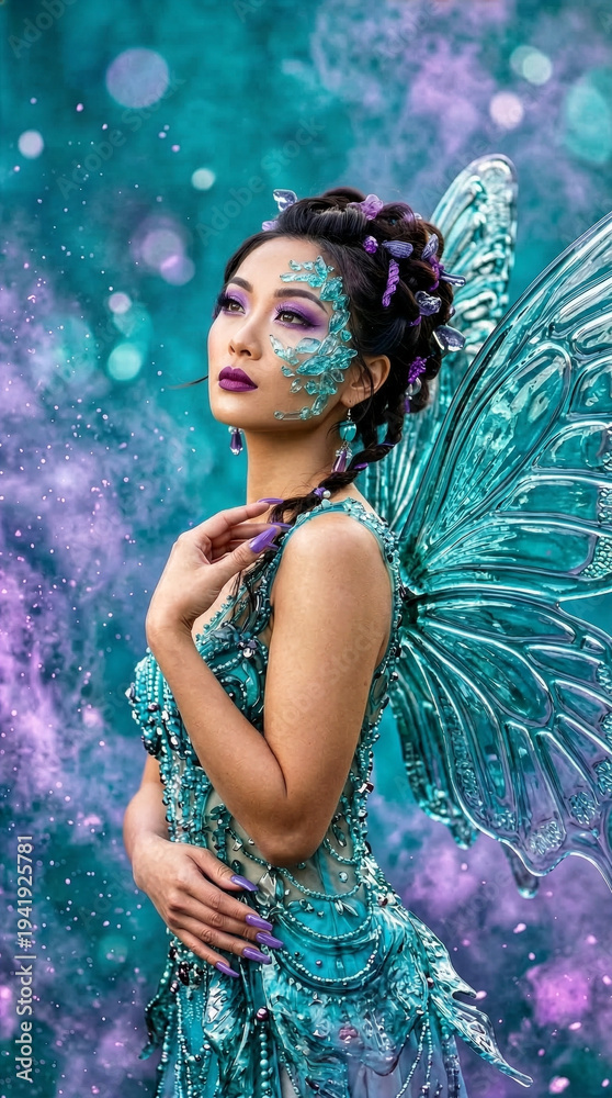 Naklejka premium Magiczna wróżka w turkusowej sukni – baśniowy portret fantasy.