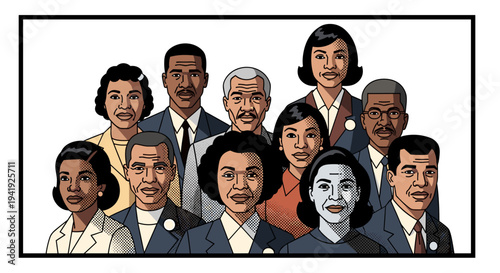 Retro comic style group portrait of diverse professionals