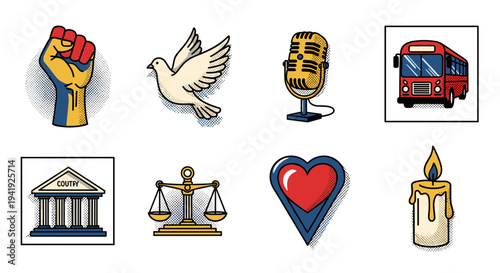 Retro style icons including microphone, peace dove, candle, and more in vibrant pop art design