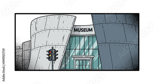 Modern museum facade with geometric architecture and urban design