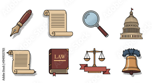 Linear icons: pen, scroll, magnifying glass, capitol building, law book, scales, liberty bell