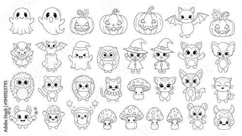 Halloween coloring book characters with cute ghosts pumpkins and bats vectorHalloween coloring book characters with cute ghosts pumpkins and bats vector