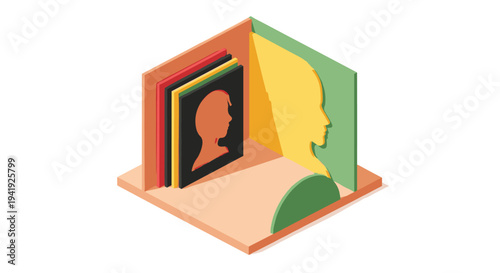 Colorful isometric bookends featuring silhouette profiles with geometric design