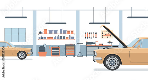 Modern automotive garage scene with retro cars and tools in flat design