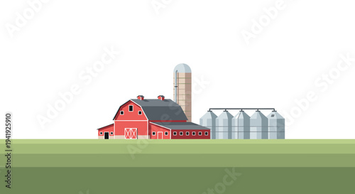 Minimalist farm landscape with barn and silos on green field