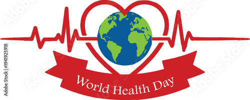 World Health Day vector with globe, heart outline, EKG line, and red ribbon awareness design