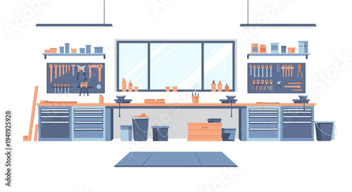 Modern garage workshop interior with tools and equipment in flat style