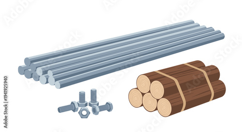 Construction materials: metal rods, wooden logs, and bolts collection