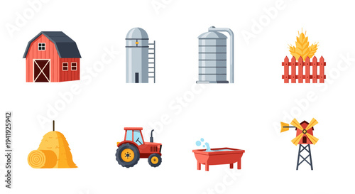 Farm equipment and structures icons set for agricultural design