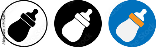 Baby bottle icons in black, white, and blue circles for parenting and childcare