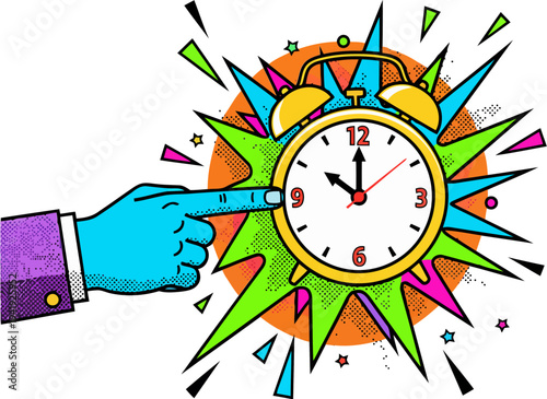 Pop Art Hand Points to Urgent Bursting Alarm Clock EPS10 Stock.eps