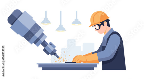 Engineer operating machinery in industrial setting with safety gear and modern equipment